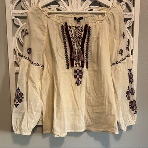 Embroidered Cream, Maroon & Blue Peasant Top, American Eagle Outfitters. Size M